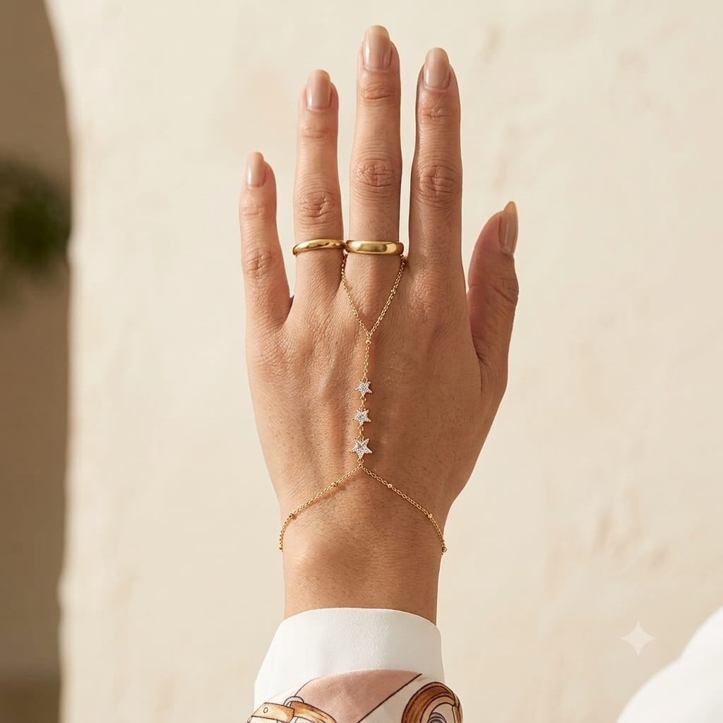 Star Finger Ring Bracelet Women Stainless Steel CZ Link Chain Hand Jewelry Gold