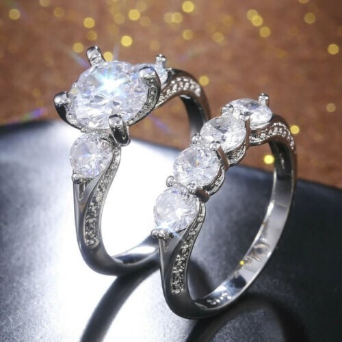 Silver Plated Bridal Wedding Ring Set 3 CT CZ Beautiful Christmas Gifts Ring Set