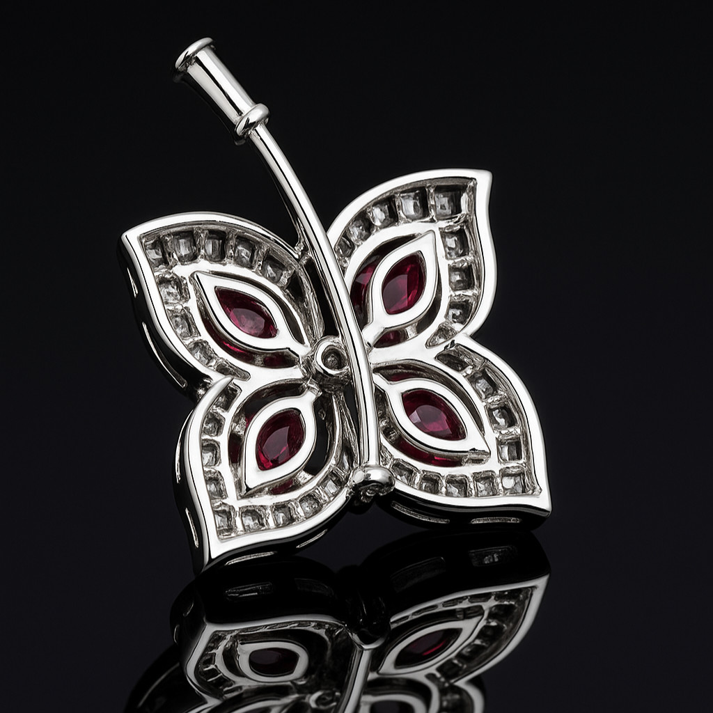 Pendant Brooch 750 White Gold 18K Ruby Diamond 4.2ct Brilliant Baguette VVS