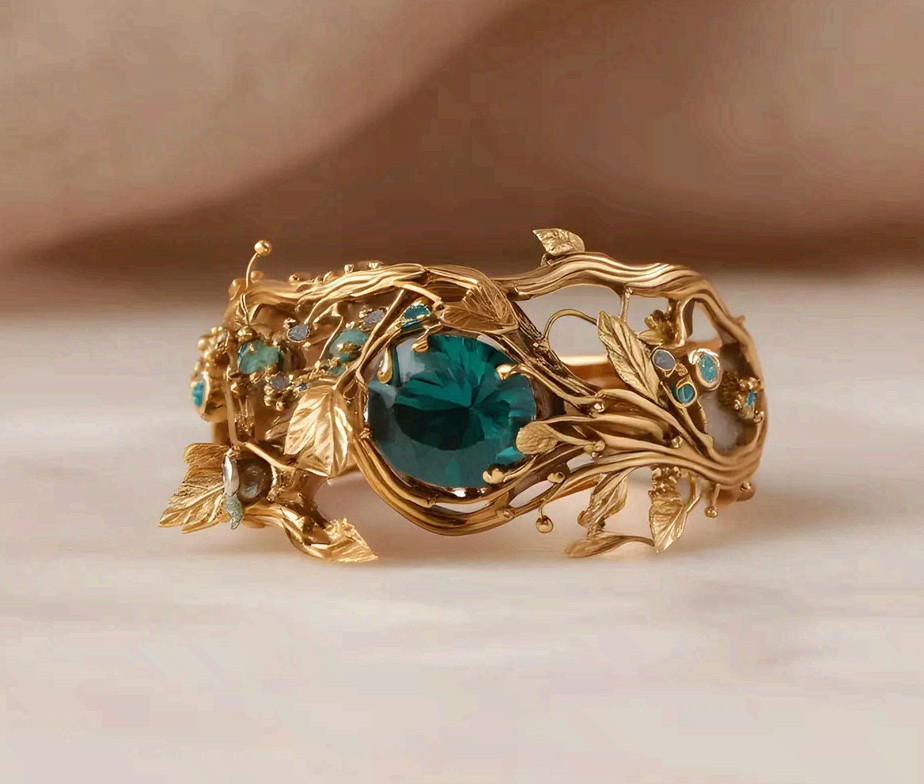 Copper Branch Ring Green Crystal Elven Nature Statement Jewelry