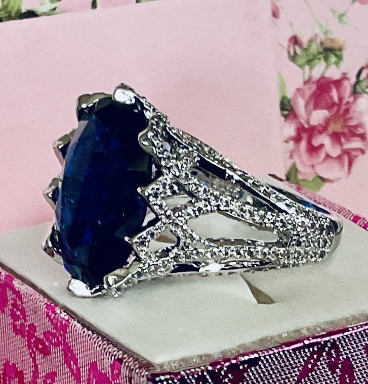 BLUE SAPPHIRE RING – 18X13mm Or 14.2ctw – TOTALLY ENCRUSTED .925 SS SETTING !!!