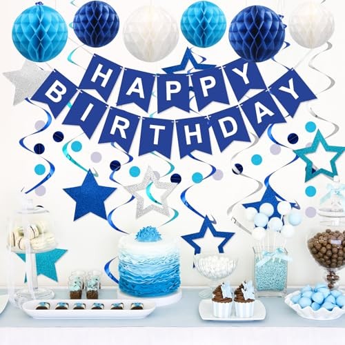 Birthday Decorations, Happy Birthday Banner with Honeycomb Balls, Stars Blue