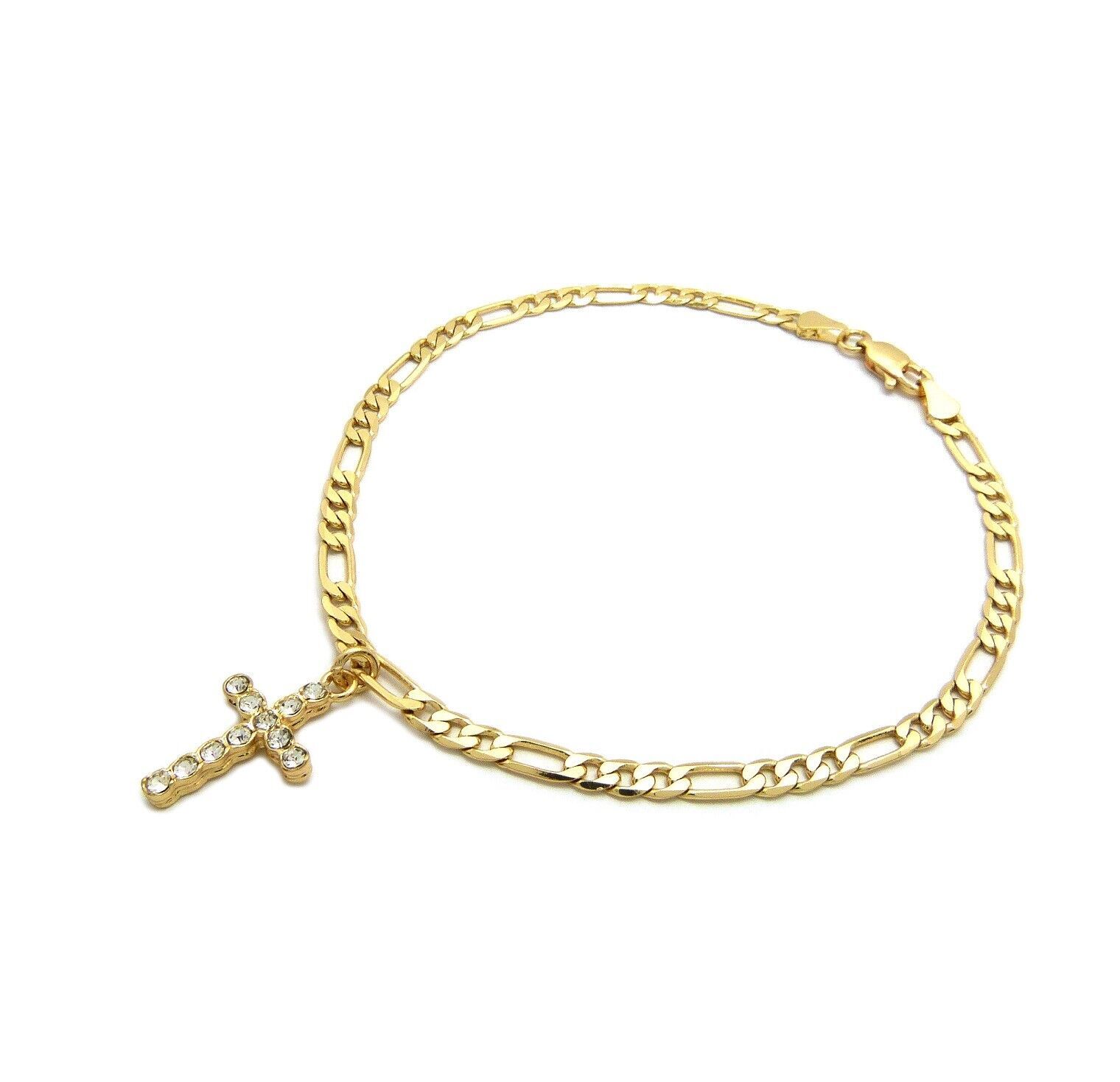 GOLD PLATED CUBIC ZIRCONIA CROSS 3mm 10″ FIGARO CHAIN FASHION ANKLET BRACELET