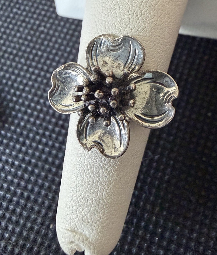 VTG Signed BEAU STERLING SILVER Floral Dogwood Flower Adjustable Ring Sz 5.5