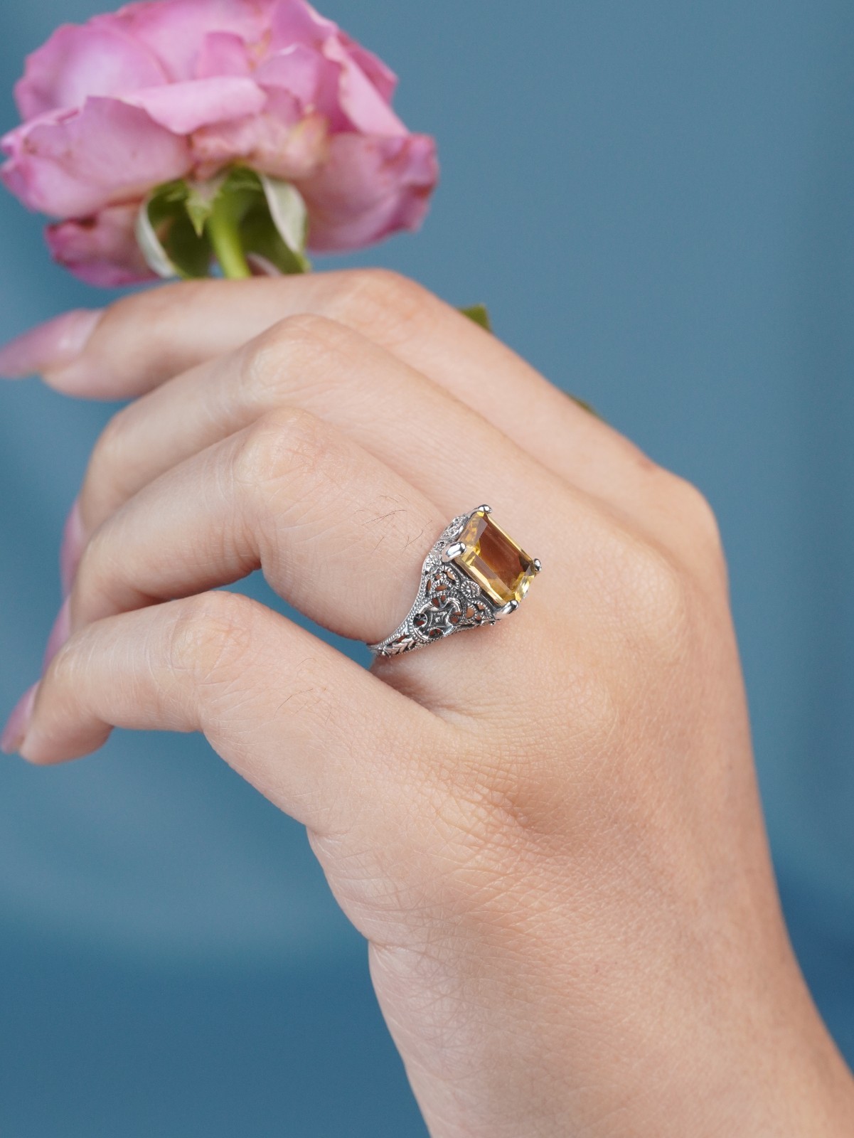 Silver925 Natural Citrine Filigree Ring