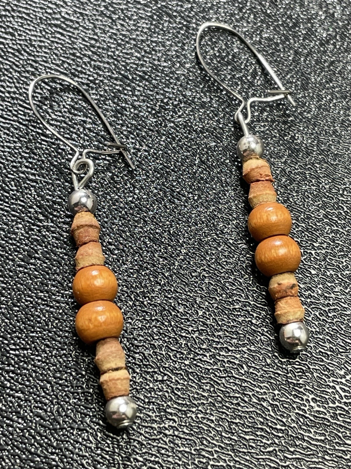 Vintage 1.8” Wood Beaded Bohemian Silver Tone Dangle Earrings