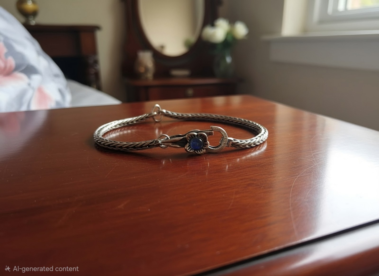 Trollbeads Sterling Silver Foxtail Bracelet w/ Dichroic Glass Flower Clasp 7.5″
