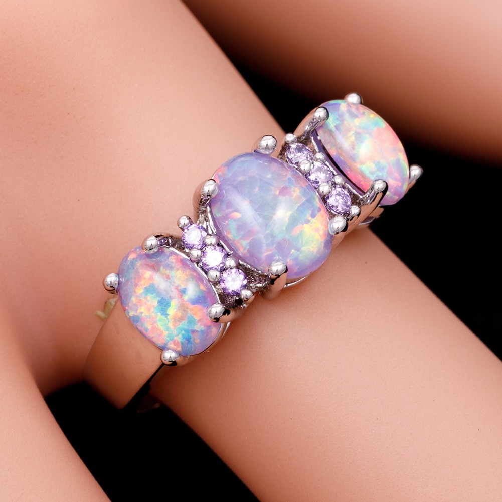 3 Lavender Purple Fire Opal Cabochon CZ Silver Jewelry Women Ring Size 6 7 8 9