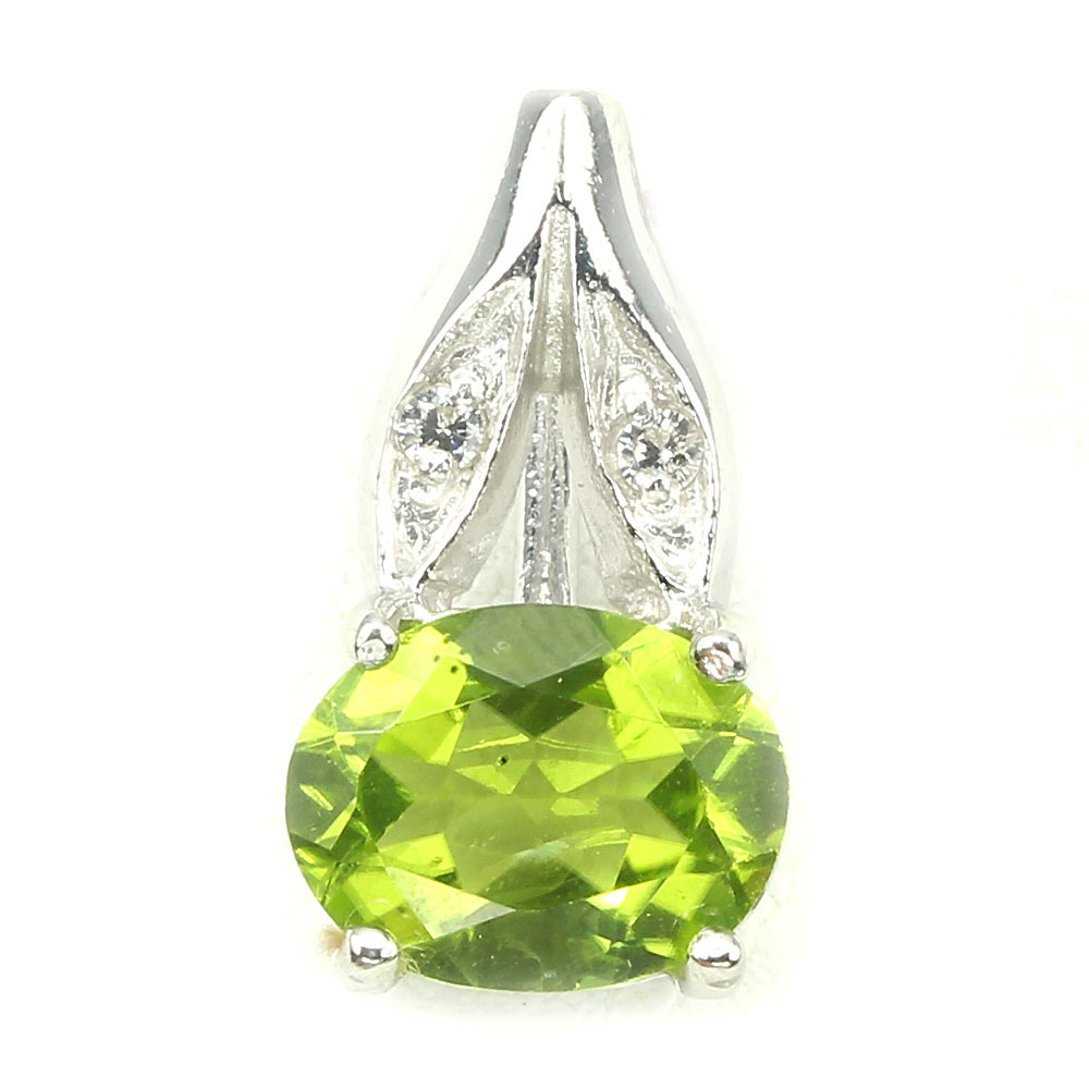 Elegant Top Rich Green Peridot, WHITE C Z 925 Sterling Silver Pendant Chain FREE