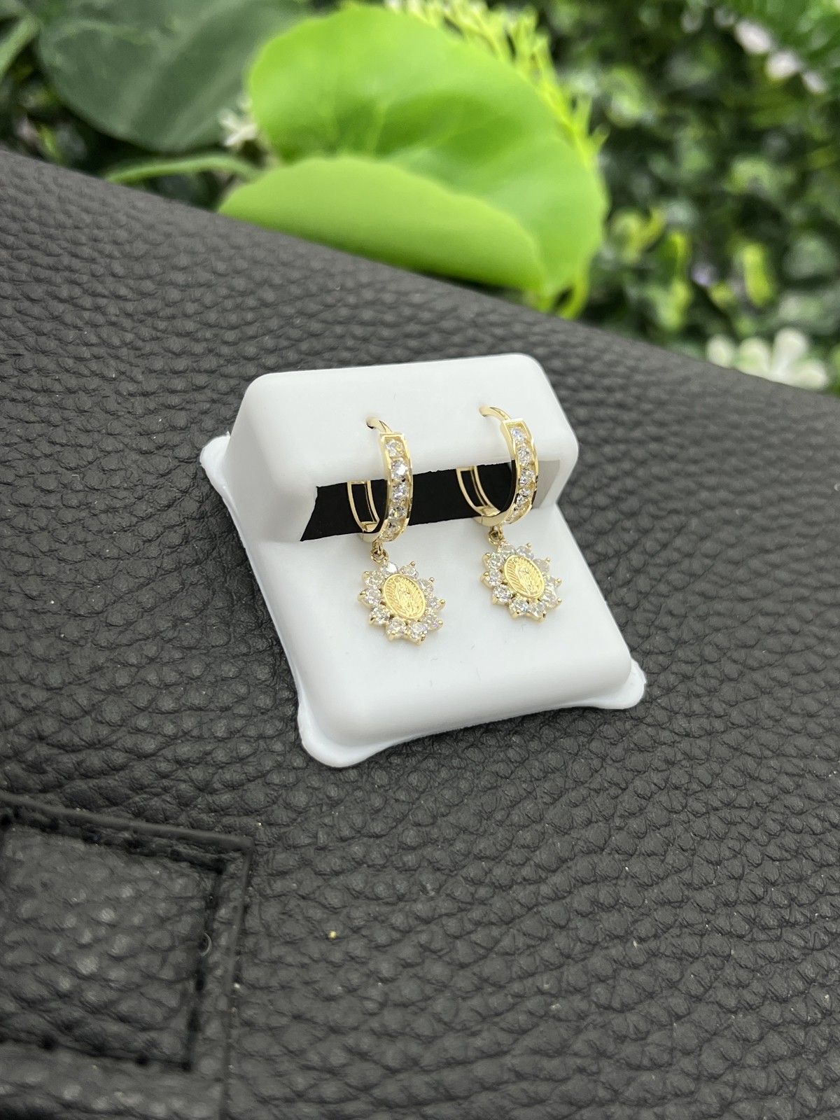 14K Yellow Gold CZ Huggies Virgen de Guadalupe Earrings 24x12mm Elegant Gifts
