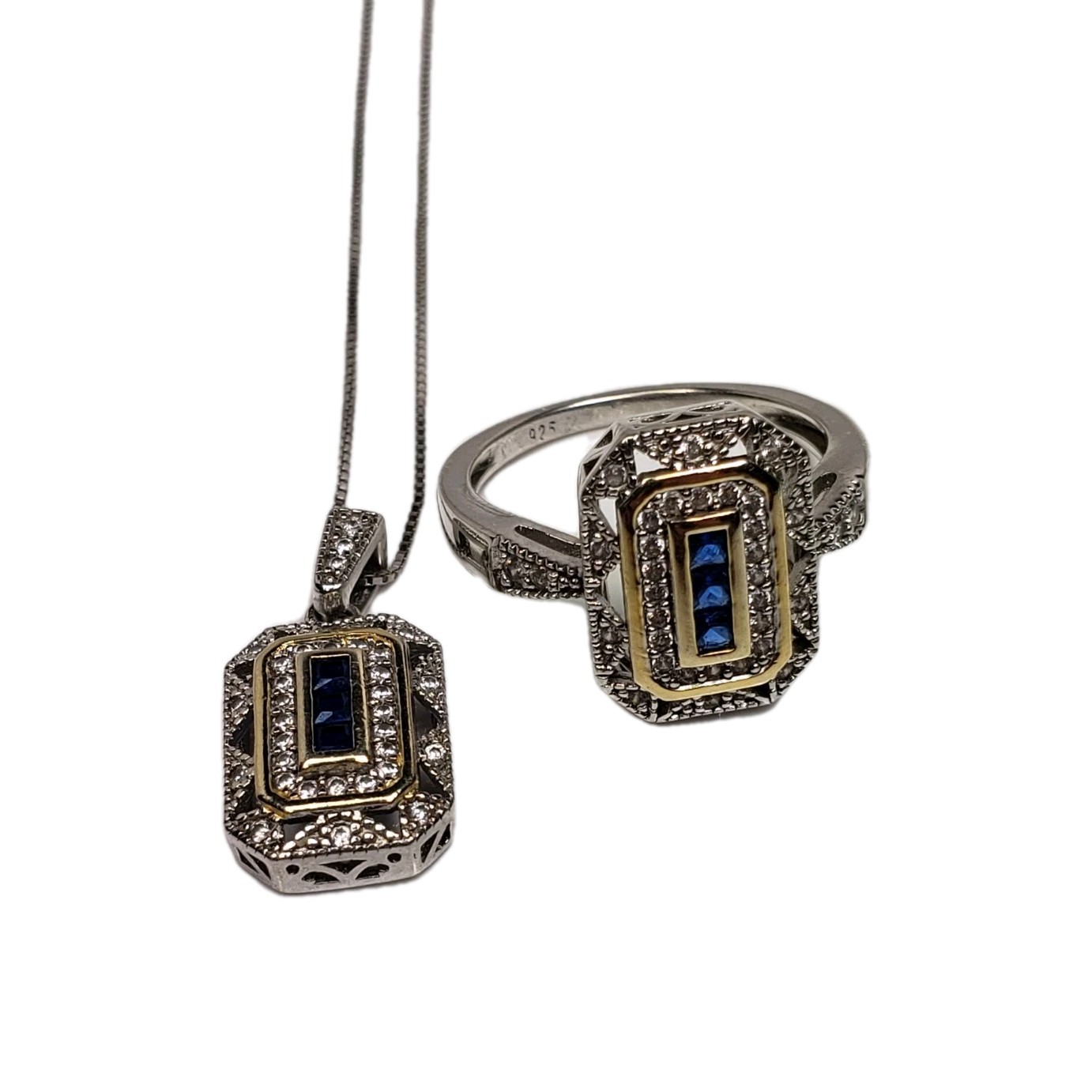 Art Deco Style Sterling 925 Blue Sapphire Lab Diamond Pendant Ring Set Size 7.75