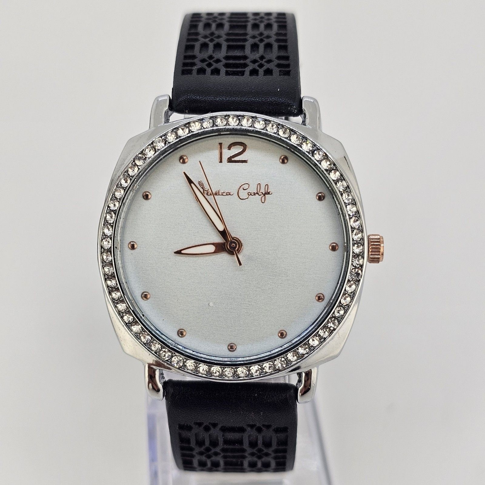 Jessica Carlyle 36MM Women Watch White Dial Crystal Bezel Black Bands NewBattery