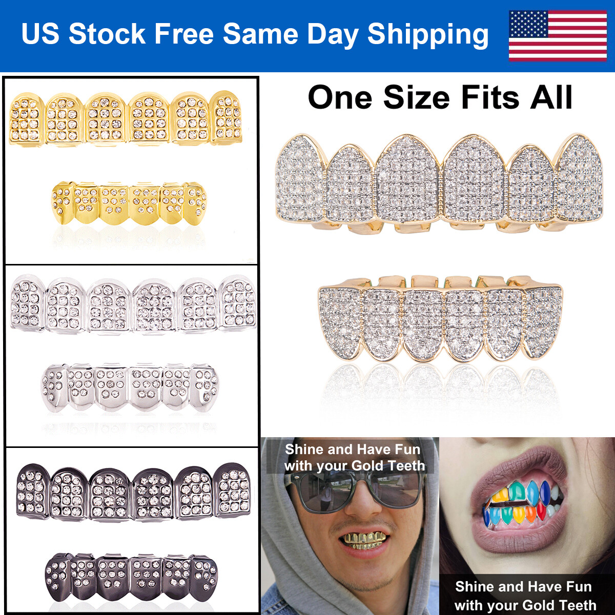 18K Gold/Silver/Black Plated Hip Hop Teeth Grillz Top Bottom Mouth Diamond Grill