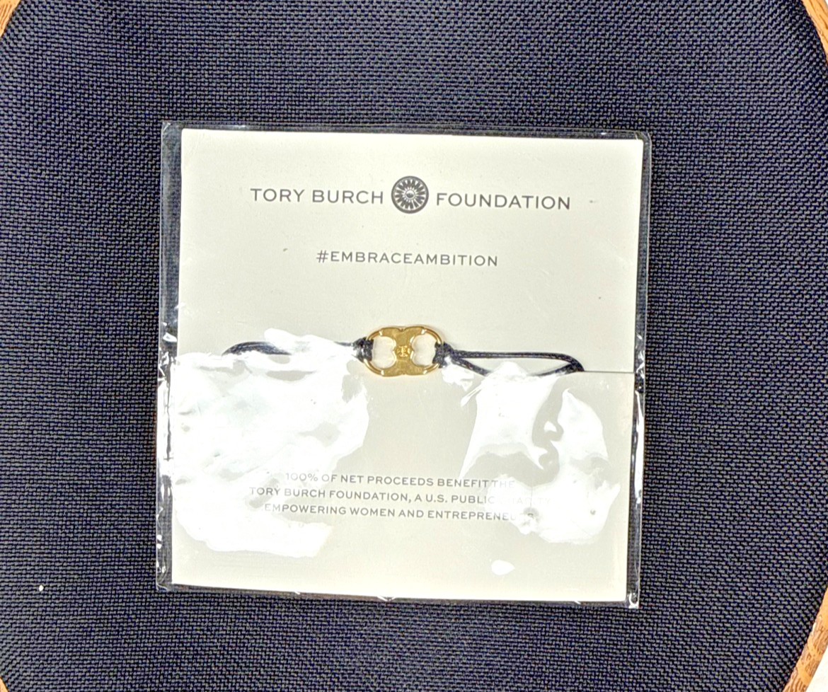 Tory Burch Foundation Embrace Ambition Gold Slider Bracelet NWT Black Cord