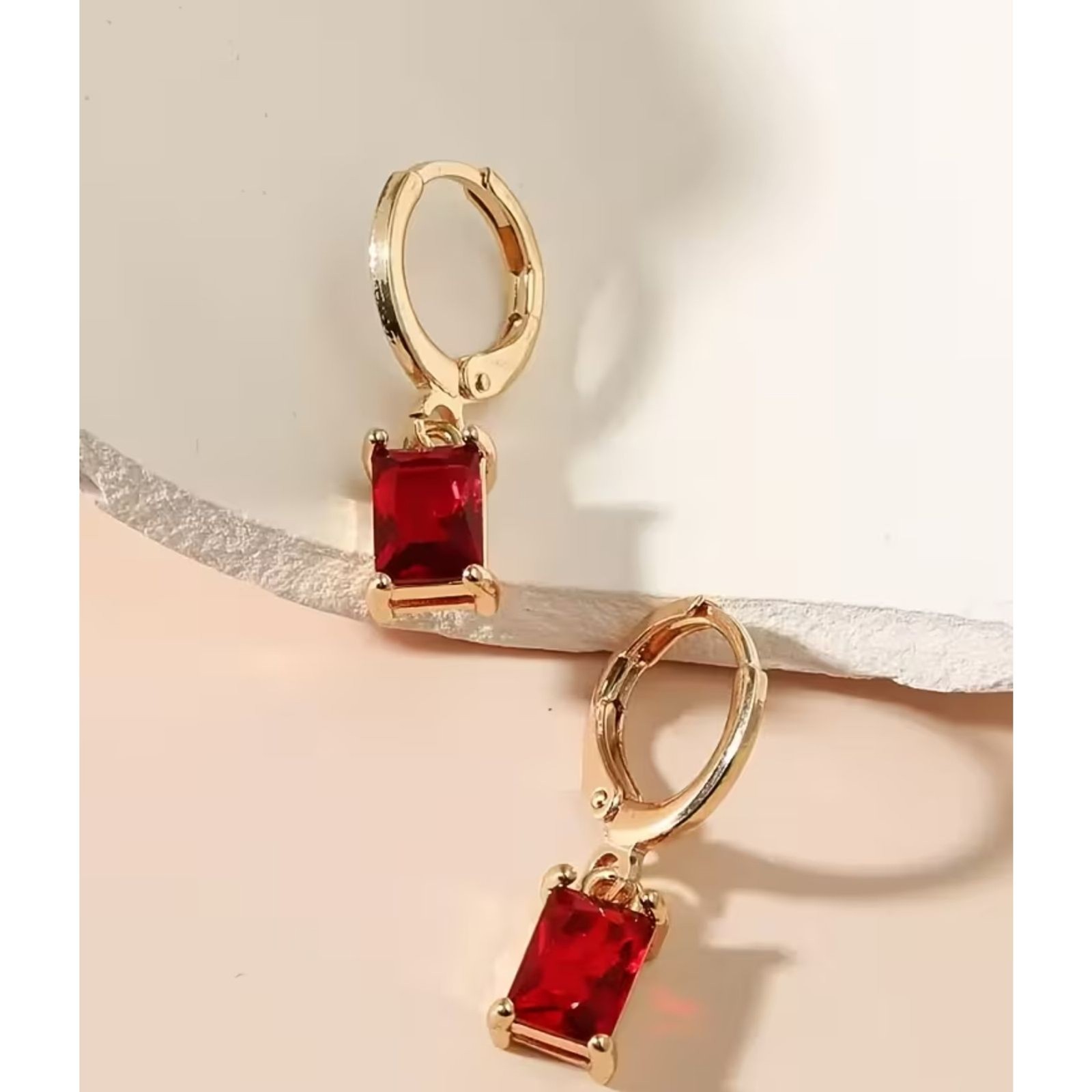 Red Emerald Cut Zirconia Crystal Drop Earrings Gold Hoop Dangle Gemstone Pendant