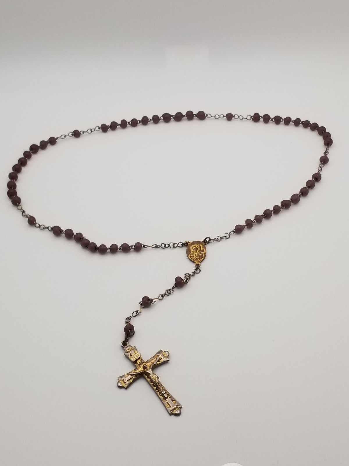 Vintage Rosary Gold & Silver Tone Crucifix Rose Color Beads 16″ Chain +5″ Dangle
