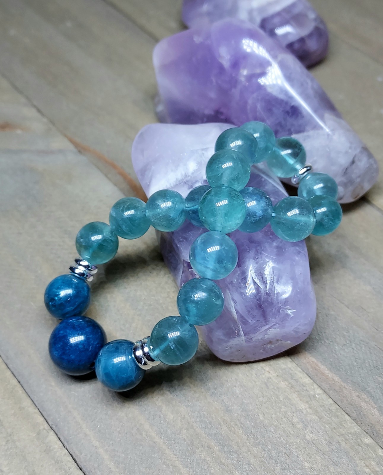 Blue Fluorite Bracelet With Blue Apatite, One Of A Kind Crystal Healing, 6.50″