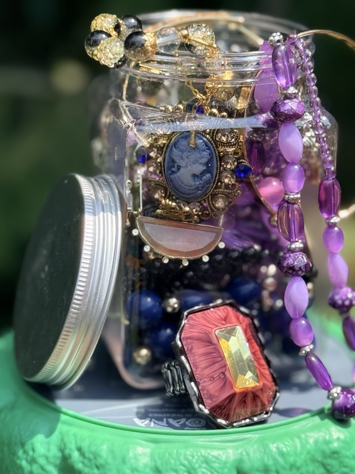 Mixed Jewelry Lot in Jar Multicolor Bracelets Necklaces Rings Brooches