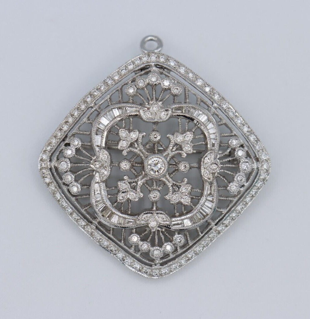 1.00tcw Diamond Art Deco-style Filigree Pendant & Brooch | 18K White Gold