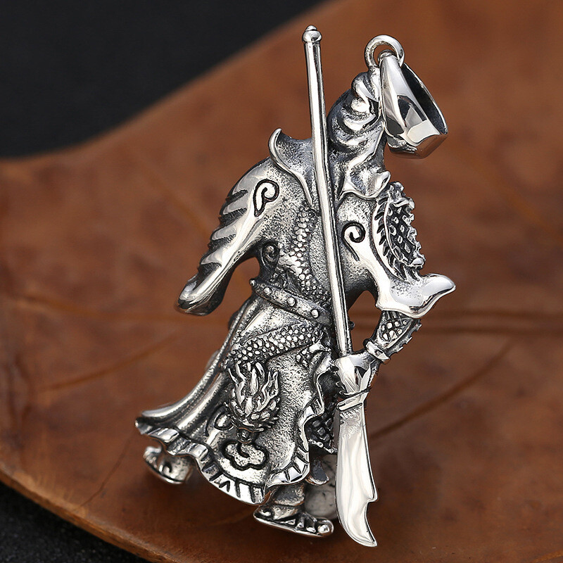 Pure Sterling 925 Silver Pendant Men Guangong God of Wealth Pendant