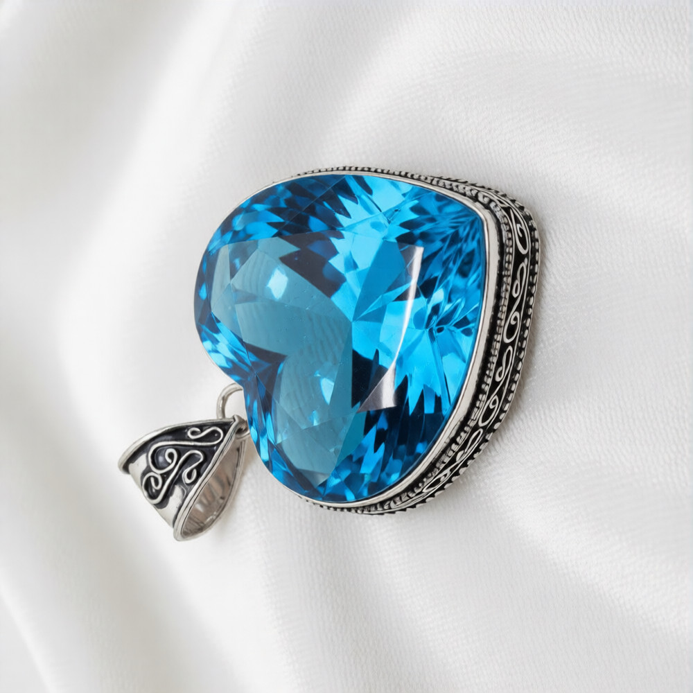 Swiss Blue Topaz Heart Gemstone Handmade 925 Sterling Silver Jewelry Pendant 2″