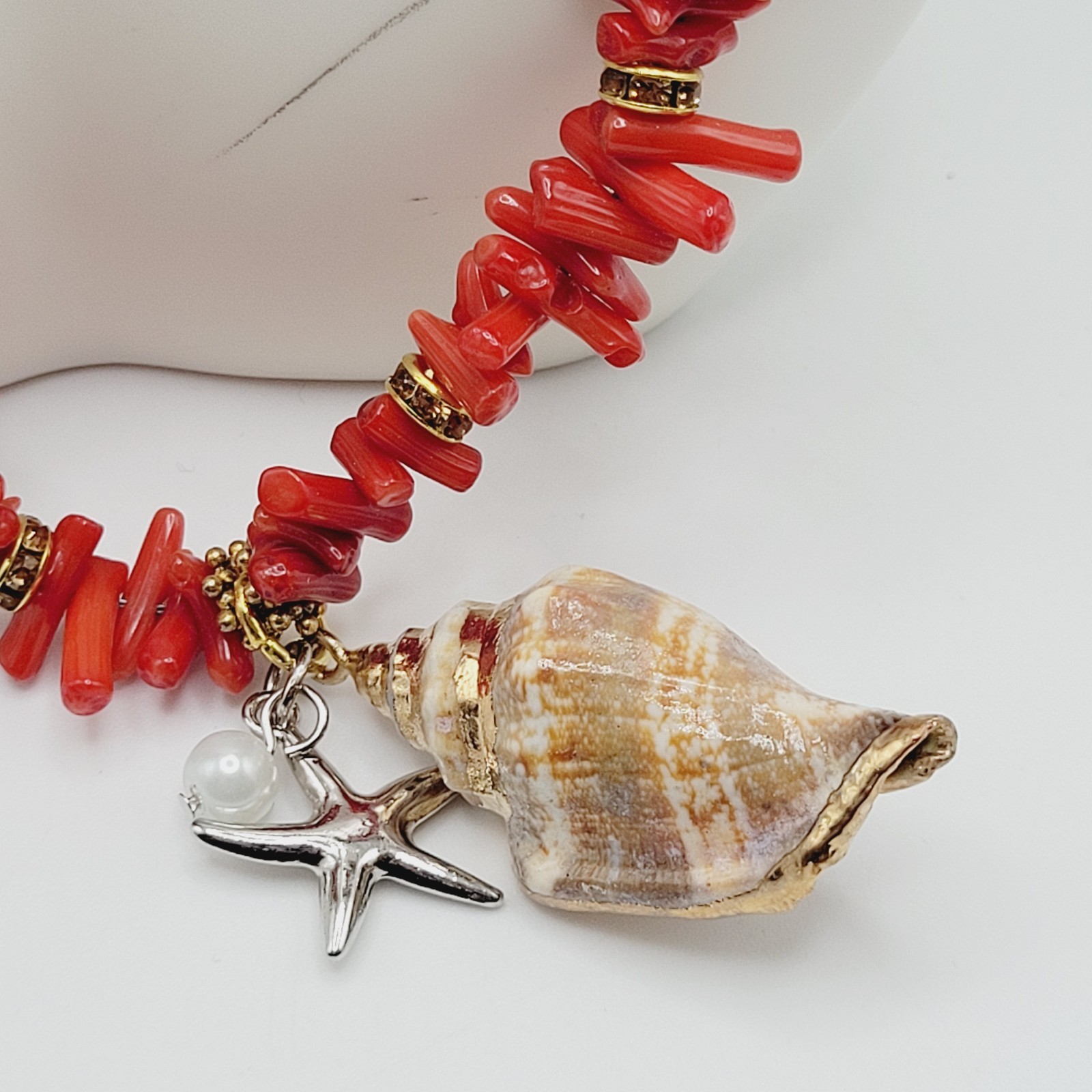 Vintage SW Artisan Red Branch Coral w Shell Pendant Gold Tone Cones Necklace