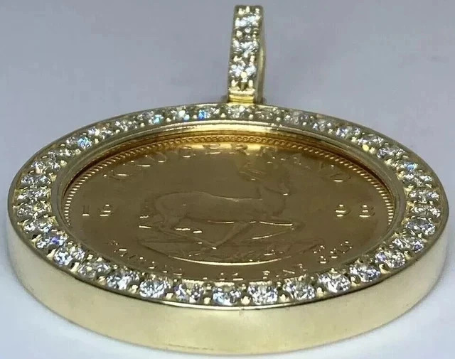South African Krugerrand Pendant 1Ct Round Cut Moissanite 14k Yellow Gold Plated