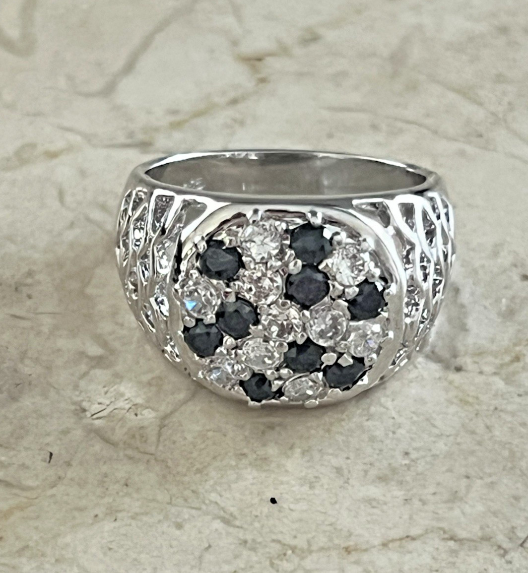 Sterling Silver 925 Clear & Black Crystal Wide Cut out Ring Size 8