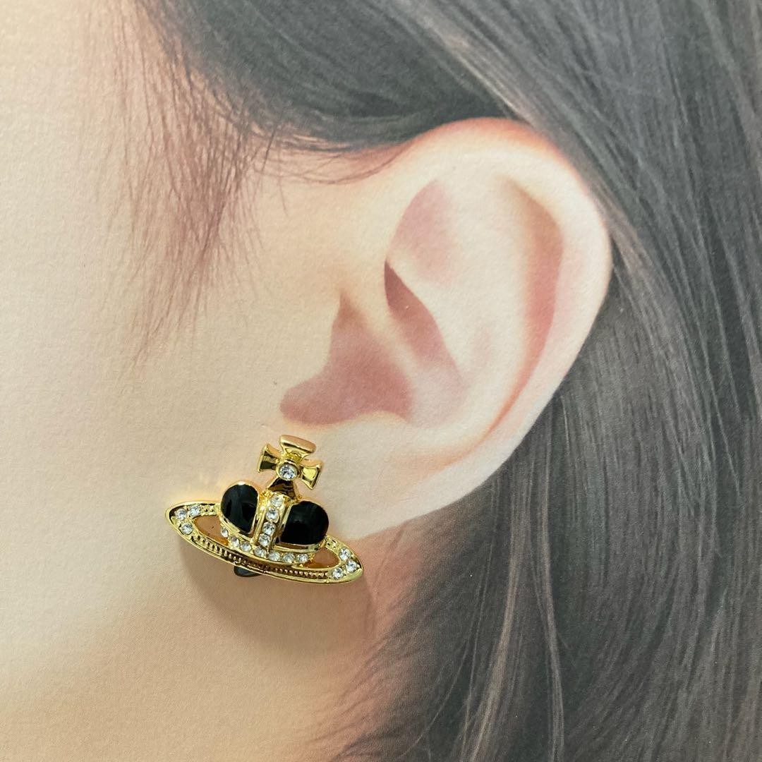 Vivienne Westwood Earrings Pierce Diamante Heart Gold Black 2.5 cm w/drawstring
