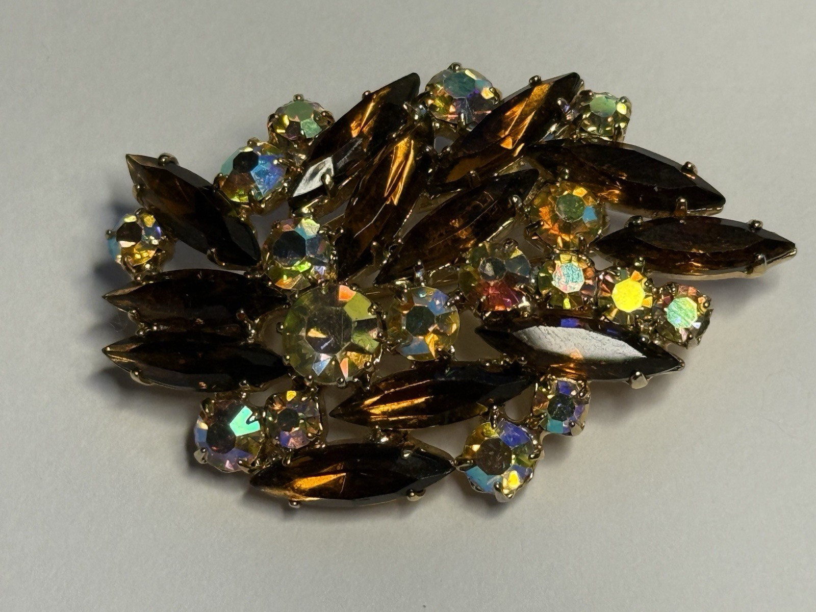Vintage Amber Brown AB Rhinestone Brooch Navette Crystal Gold Tone Unsigned