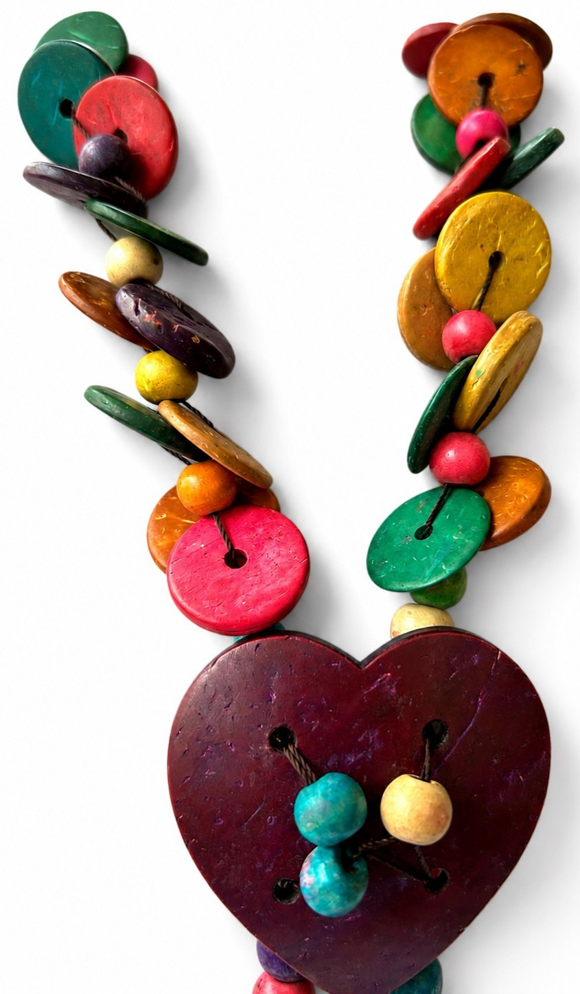 Boho Wooden Bead Necklace Coconut Shell Heart Pendant Handmade Hippie Jewelry