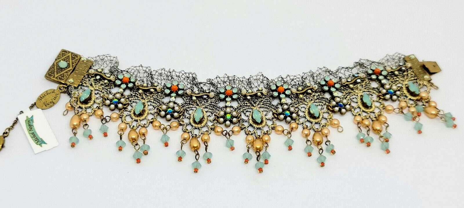 Lovely Michal Negrin Fabric Lace Bracelet Crystal Flowers Unique.