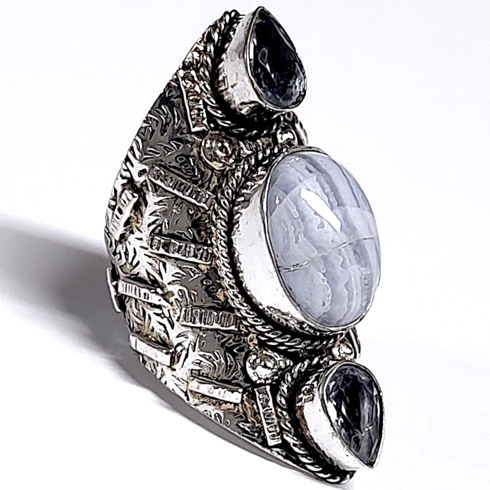 Huge Sterling 925 Blue Chalcedony Cabochon Full Finger Statement Ring Size 8.5