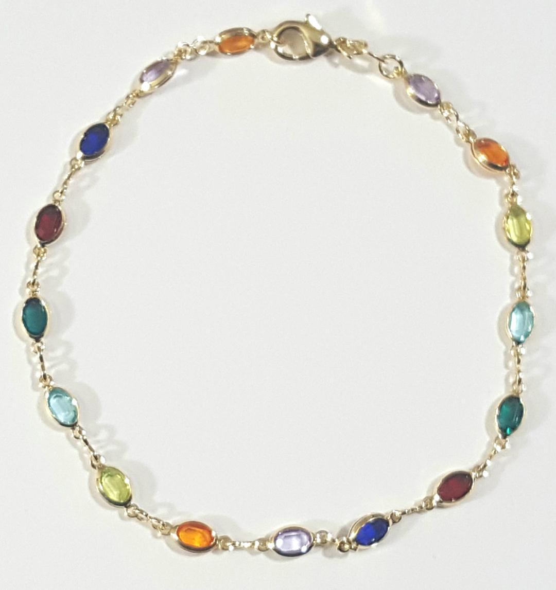 14k Gold Filled Bracelet 7.5 inch Long Dark Multi Color Oval Stones # 2