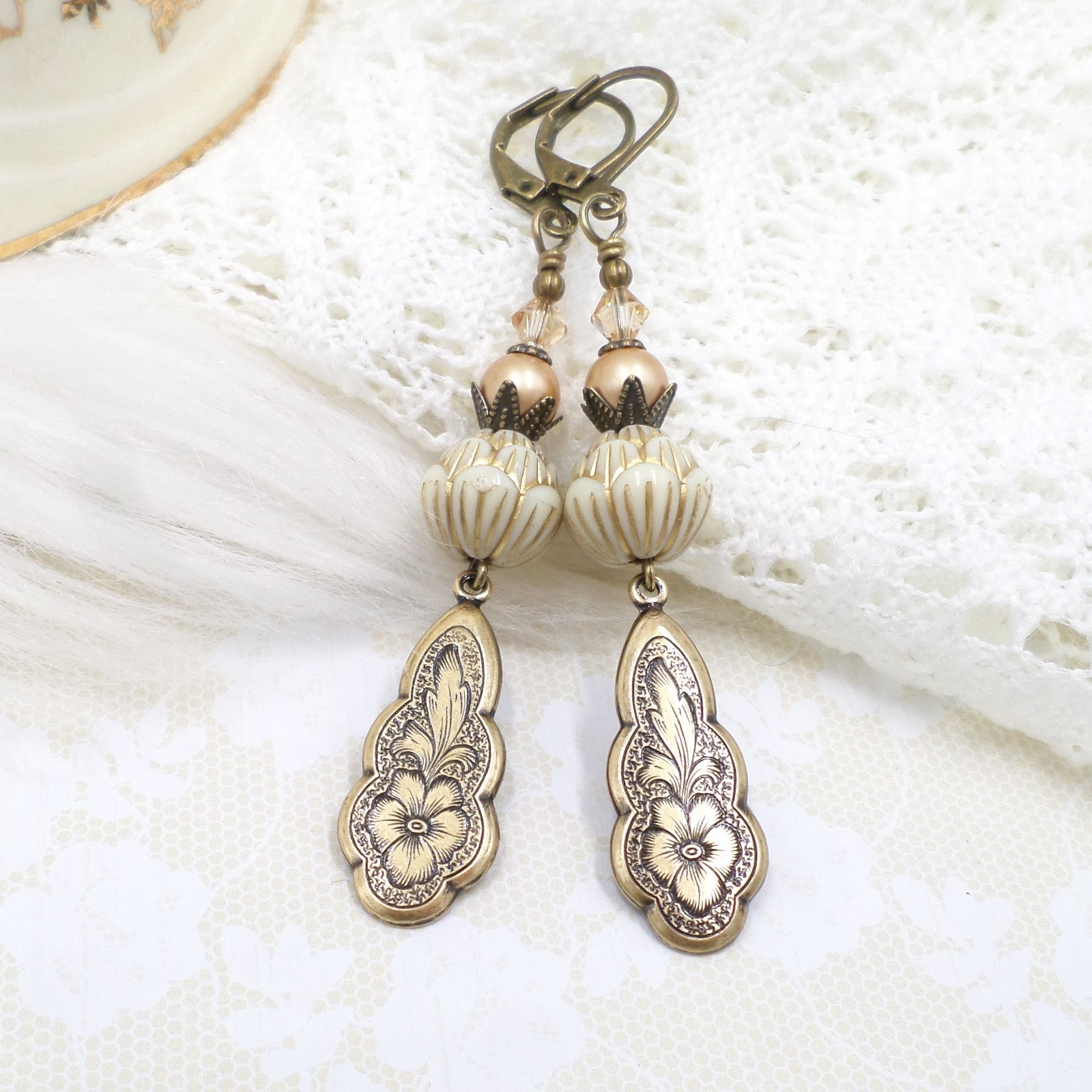 Victorian Floral Brass Earrings, Cream Acrylic Bead Handmade Dangle Jewelry