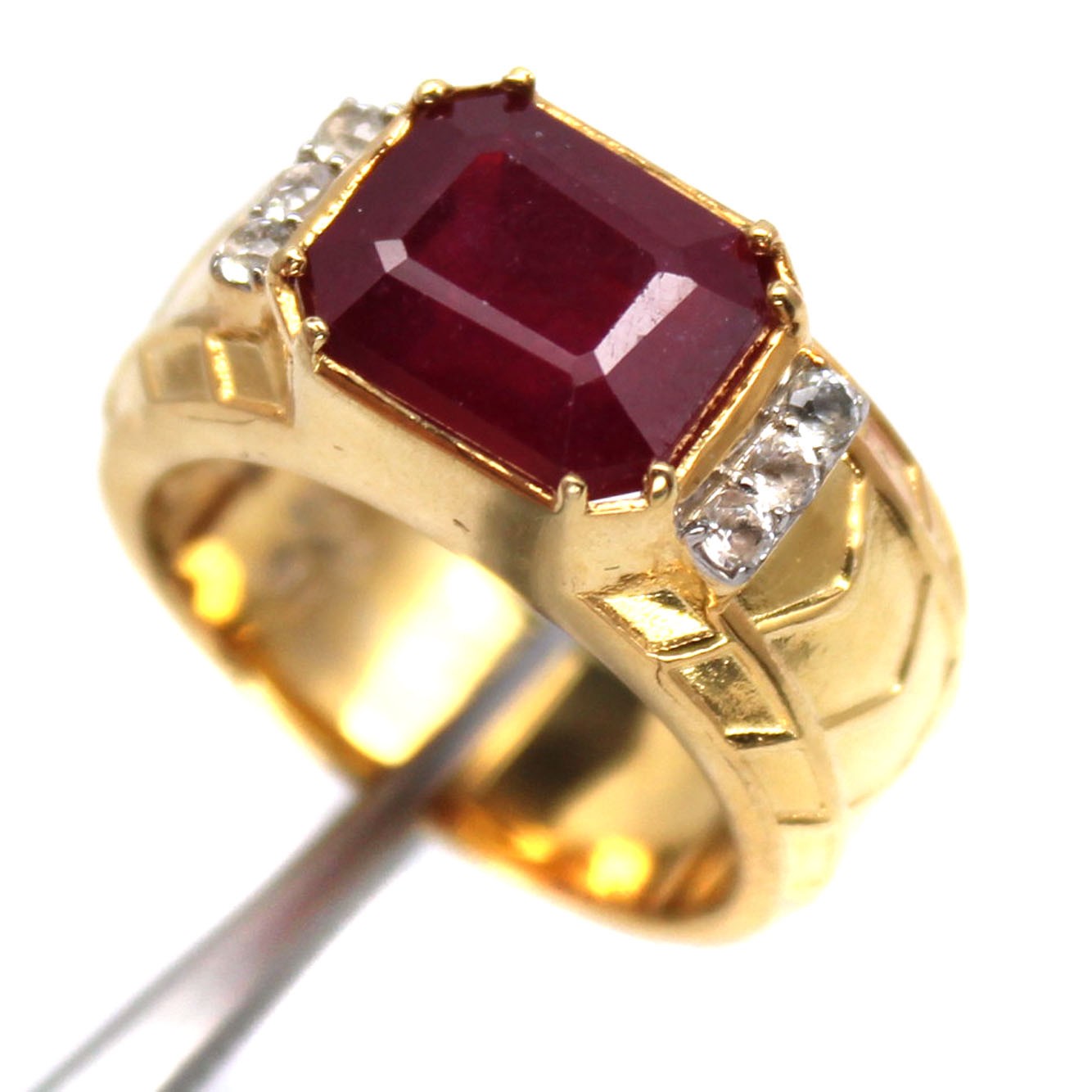 925 Sterling Silver 9 x 10 MM. Red Ruby White Zircon Two Tone Ring Size 7.75
