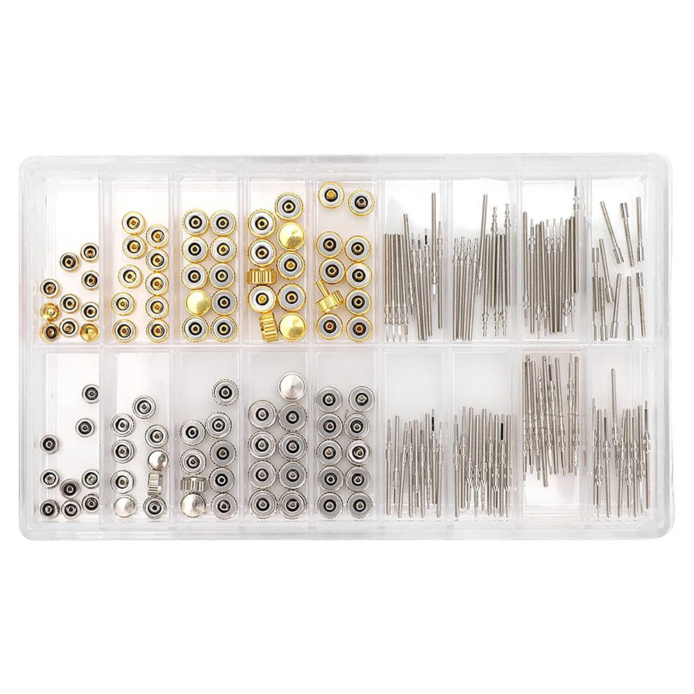 170pcs Mixed Gold Silver Watch Stem Crown Repair Parts Assortment Set Kit W/ Box