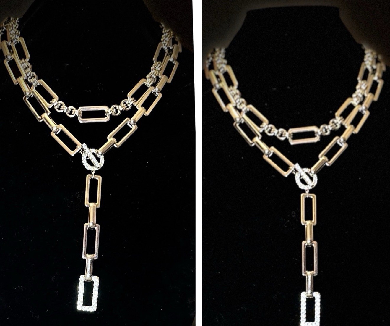 Silver Y Necklace 18″ Crystal Pavé Circle Front Closure Double Layered Link