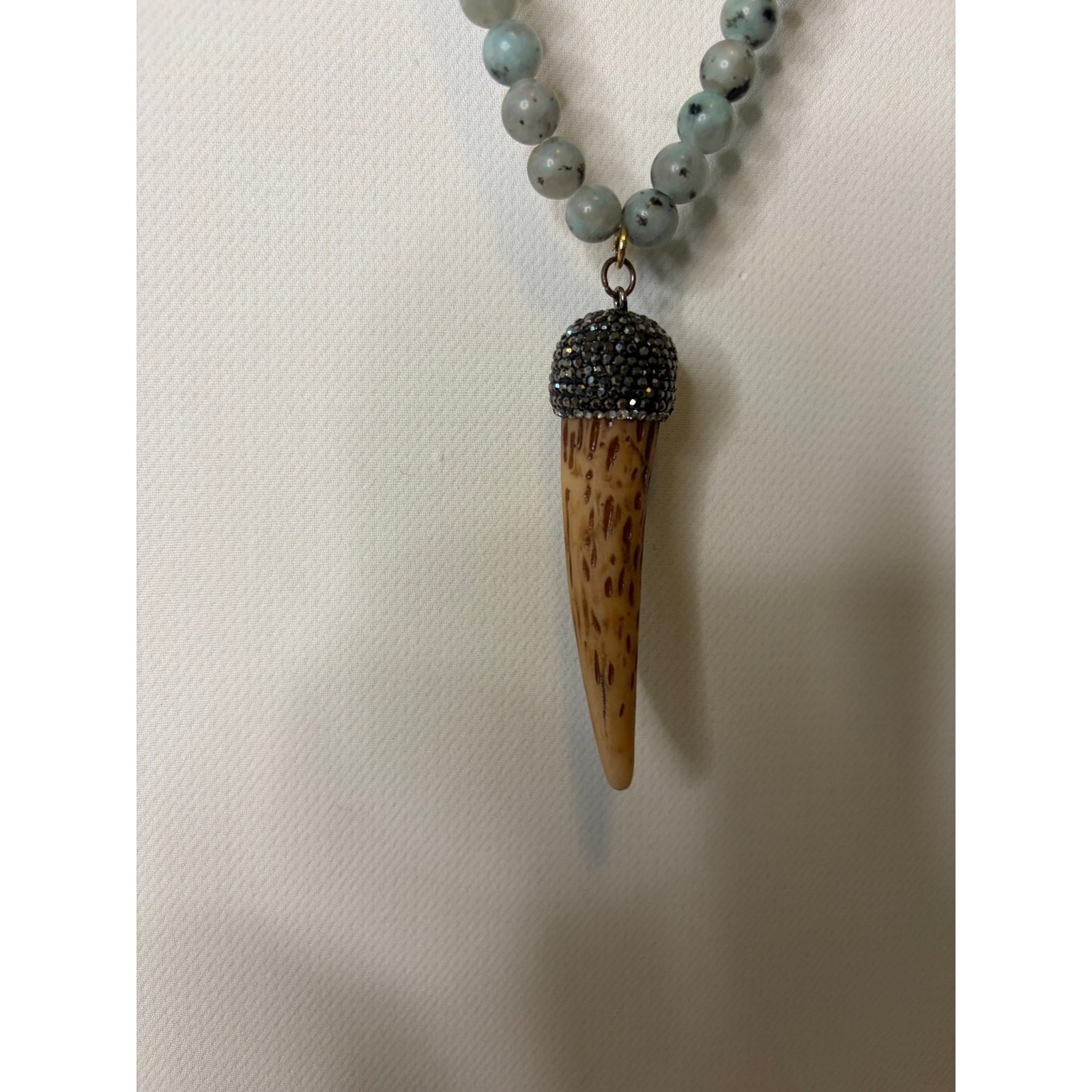 Boho Blue Stone and Wood Beaded Necklace Drusy Resin Horn 30in Long Statement