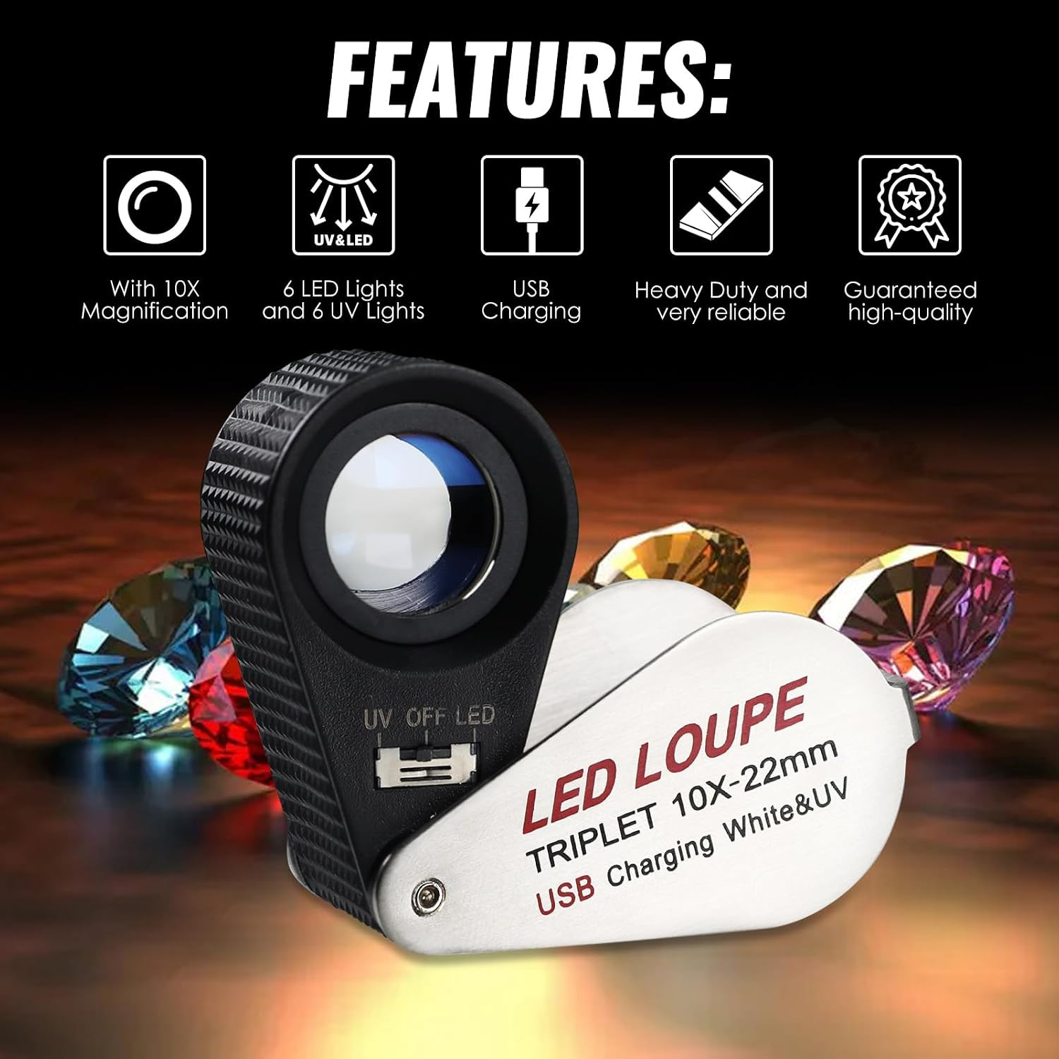 10X Jewelers Loupe with UV & LED Lights, Rechargeable 10X Loupe Magnifier 22Mm O