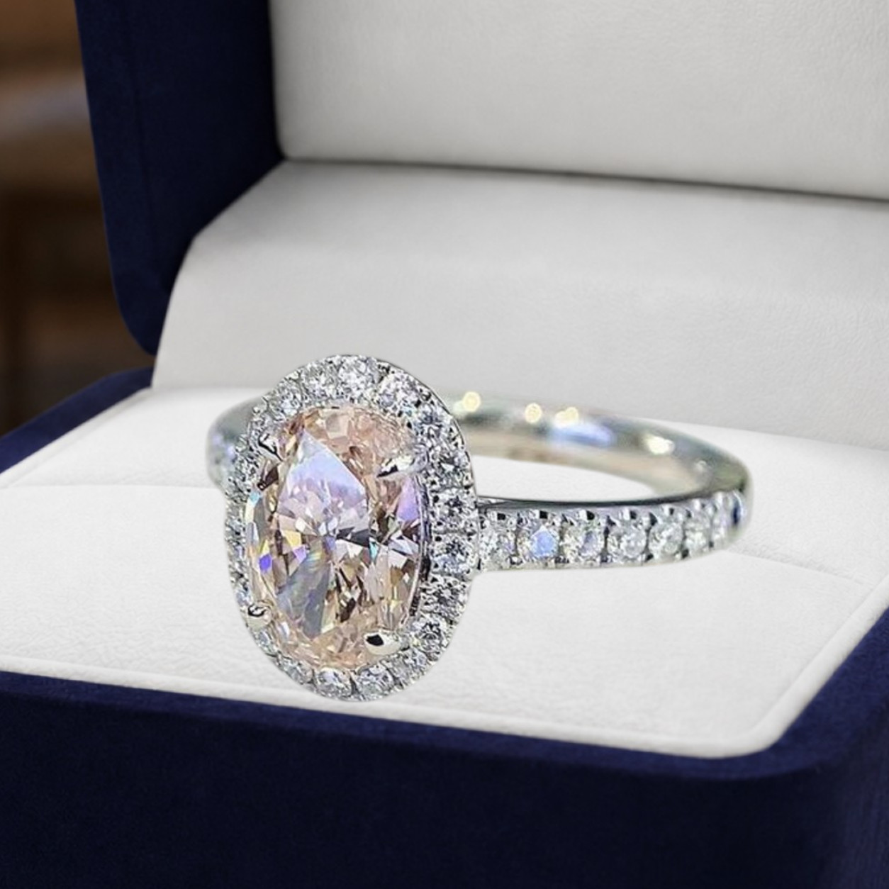 Fancy Vivid Pink Lab Grown Diamond Wedding Ring 18K White Gold 2.75 CT Oval Cut