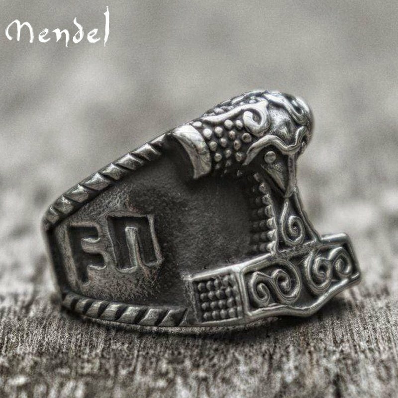 MENDEL Mens Stainless Steel Nordic Viking Thors Hammer Rune Mjolnir Ring For Men