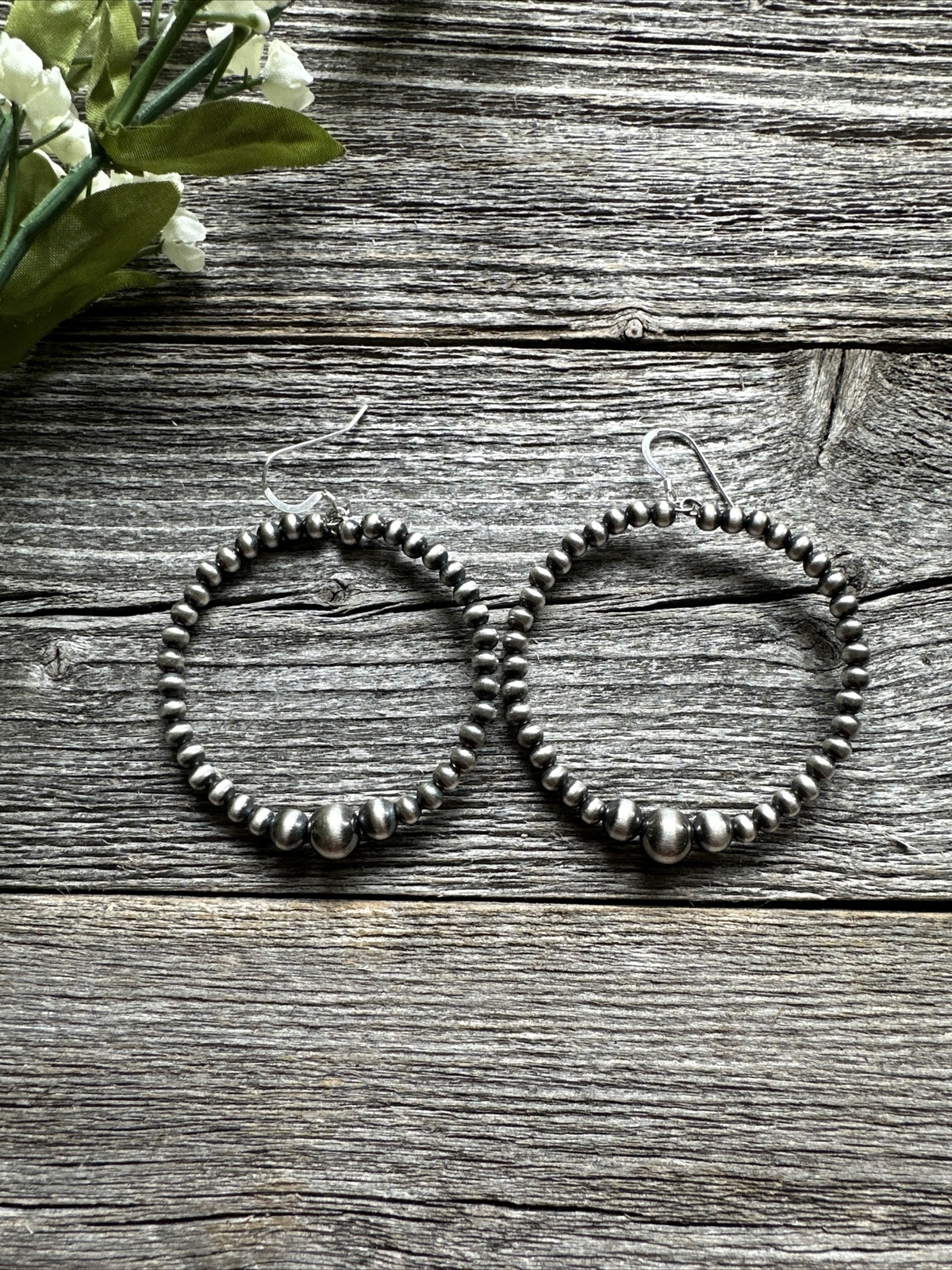Sterling Silver Oxidized Pearls Bead Hoop Earrings. 2.6 Inch