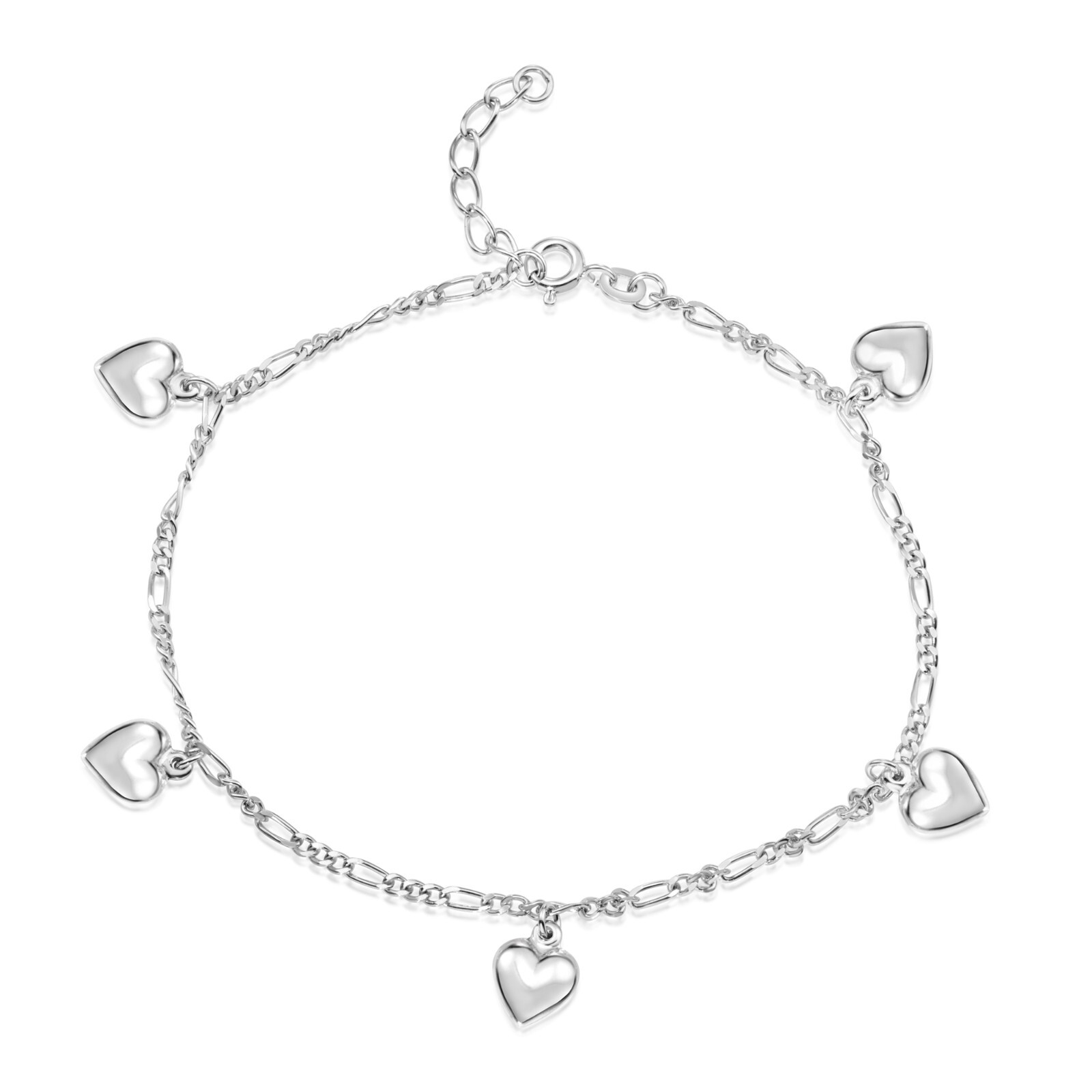 925 Solid Sterling Silver Heart Station Figaro Chain Anklet Bracelet Adjustable