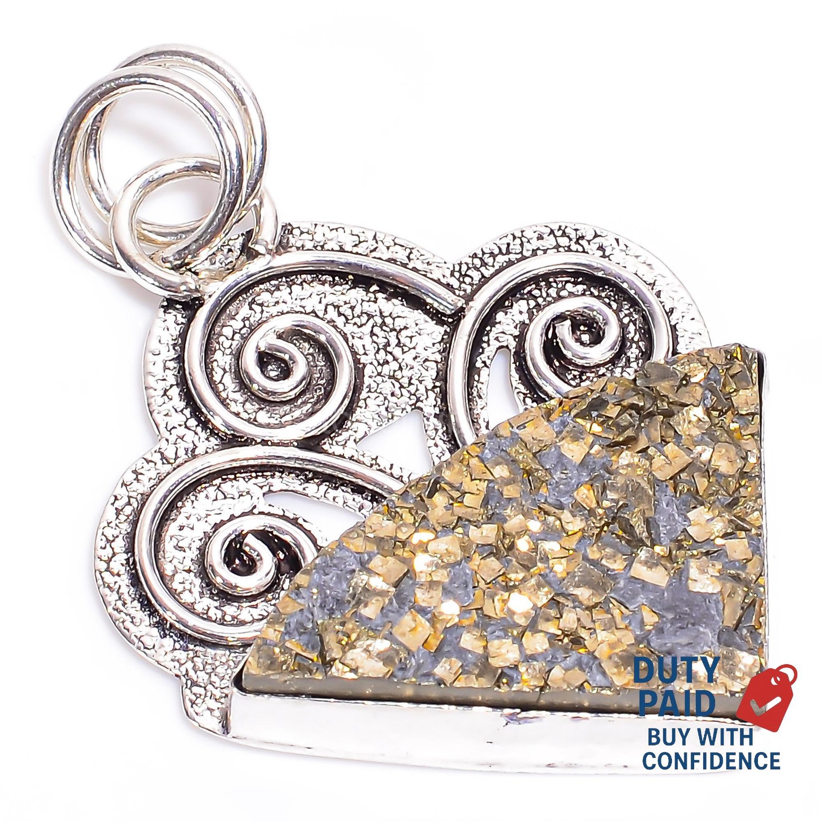 Fancy Pyrite Druzy Elegant Channel Set Trendy Mother New Pendant Sterling Silver
