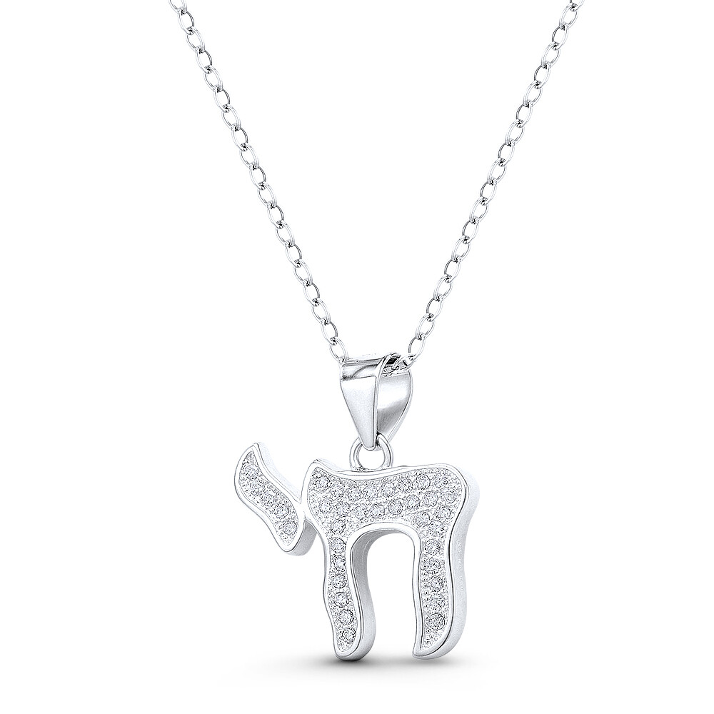 Chai Life CZ Crystal Jewish Hebrew .925 Sterling Silver Rhodium Necklace Pendant