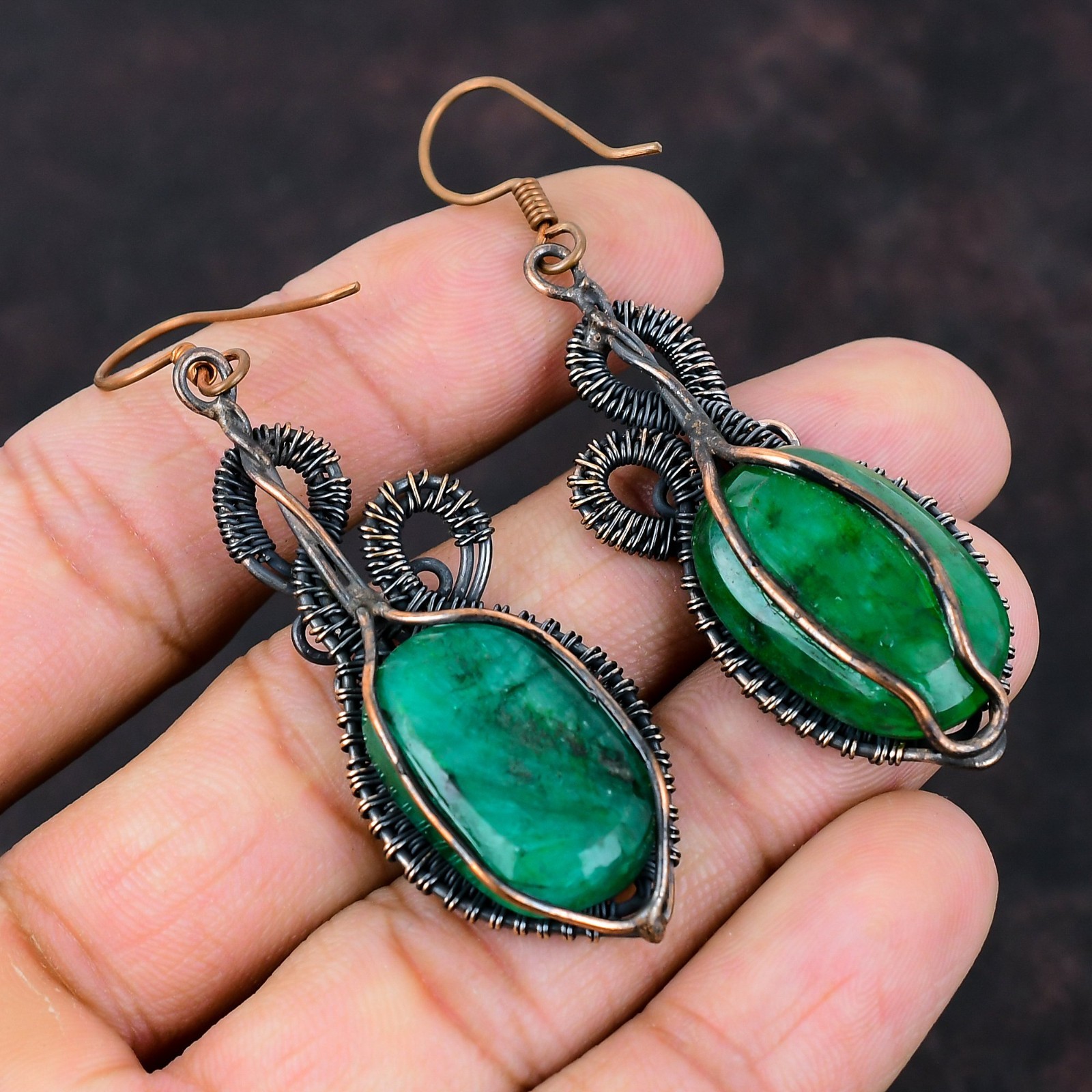 Zambian Emrald Gemstone Hook Drop Dangle Wire Wrapped Earrings Jewelry Copper