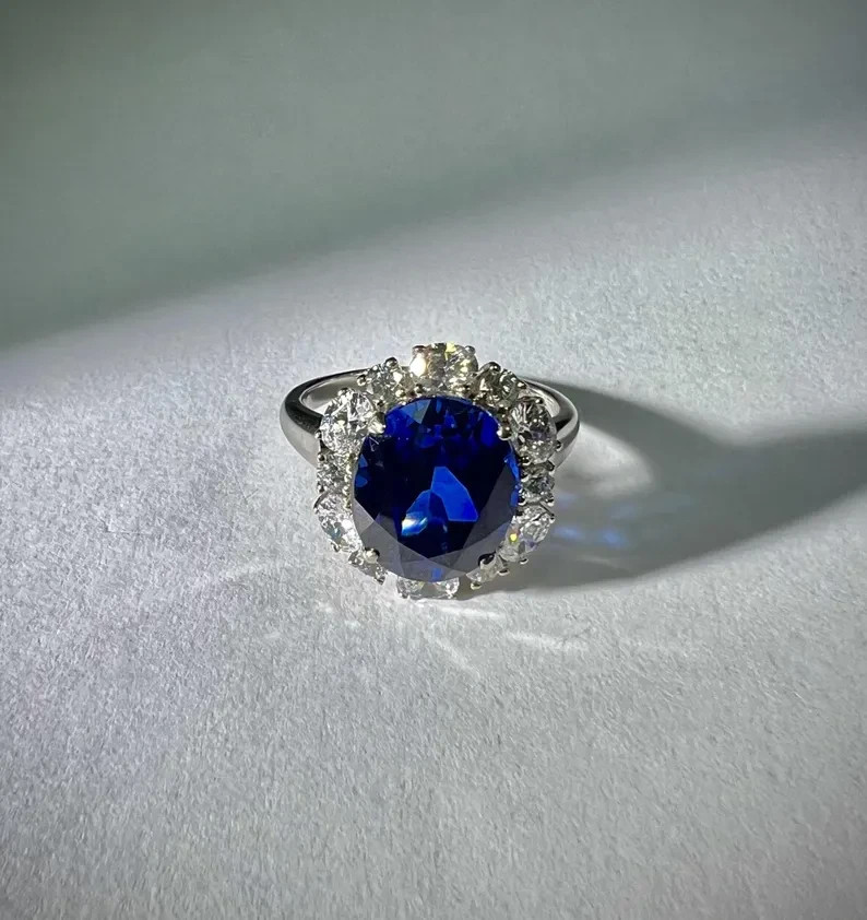 3.40 Ct Oval Natural Sapphire & Diamond Engagement Ring 14K White Gold Size 6