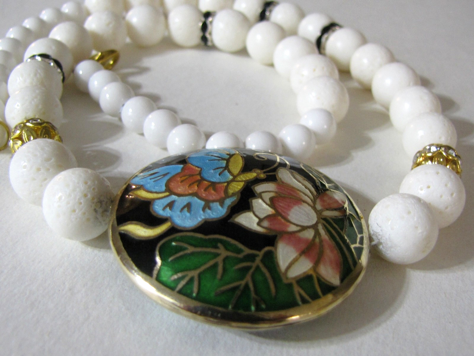 Vintage Cloisonné Butterfly Lotus Pendant Necklace White Sponge Coral Glass Bead