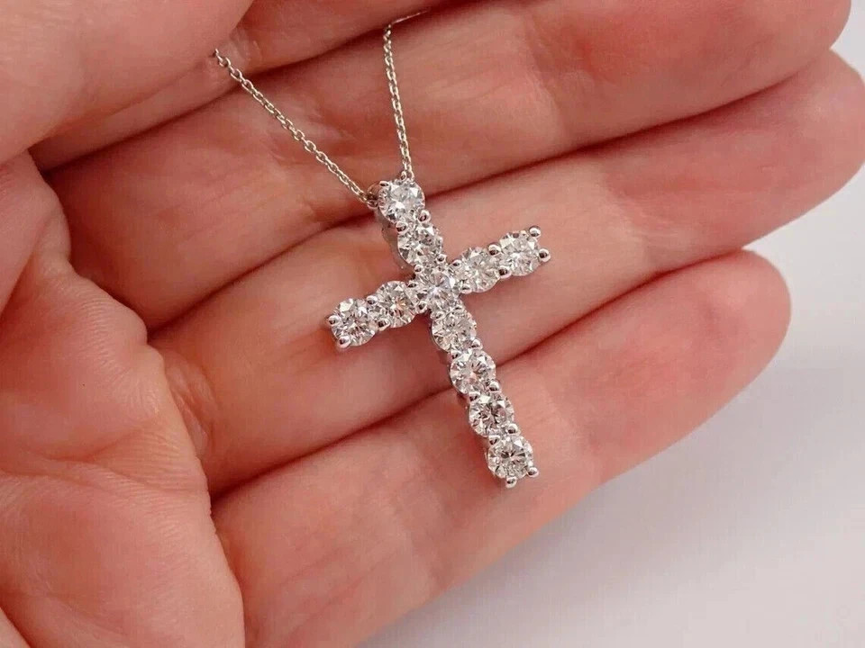 2.80Ct Lab Created Diamond Round Cross Pendant 14K White Gold Plated Free Chain
